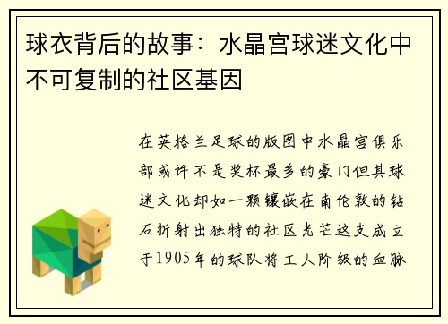球衣背后的故事：水晶宫球迷文化中不可复制的社区基因