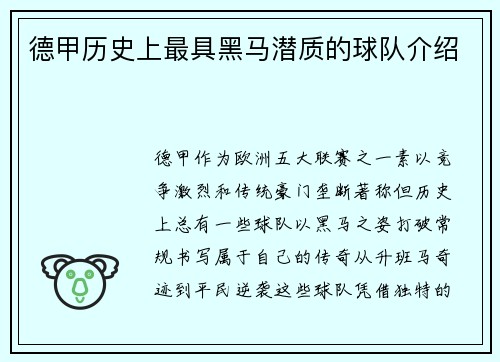 德甲历史上最具黑马潜质的球队介绍